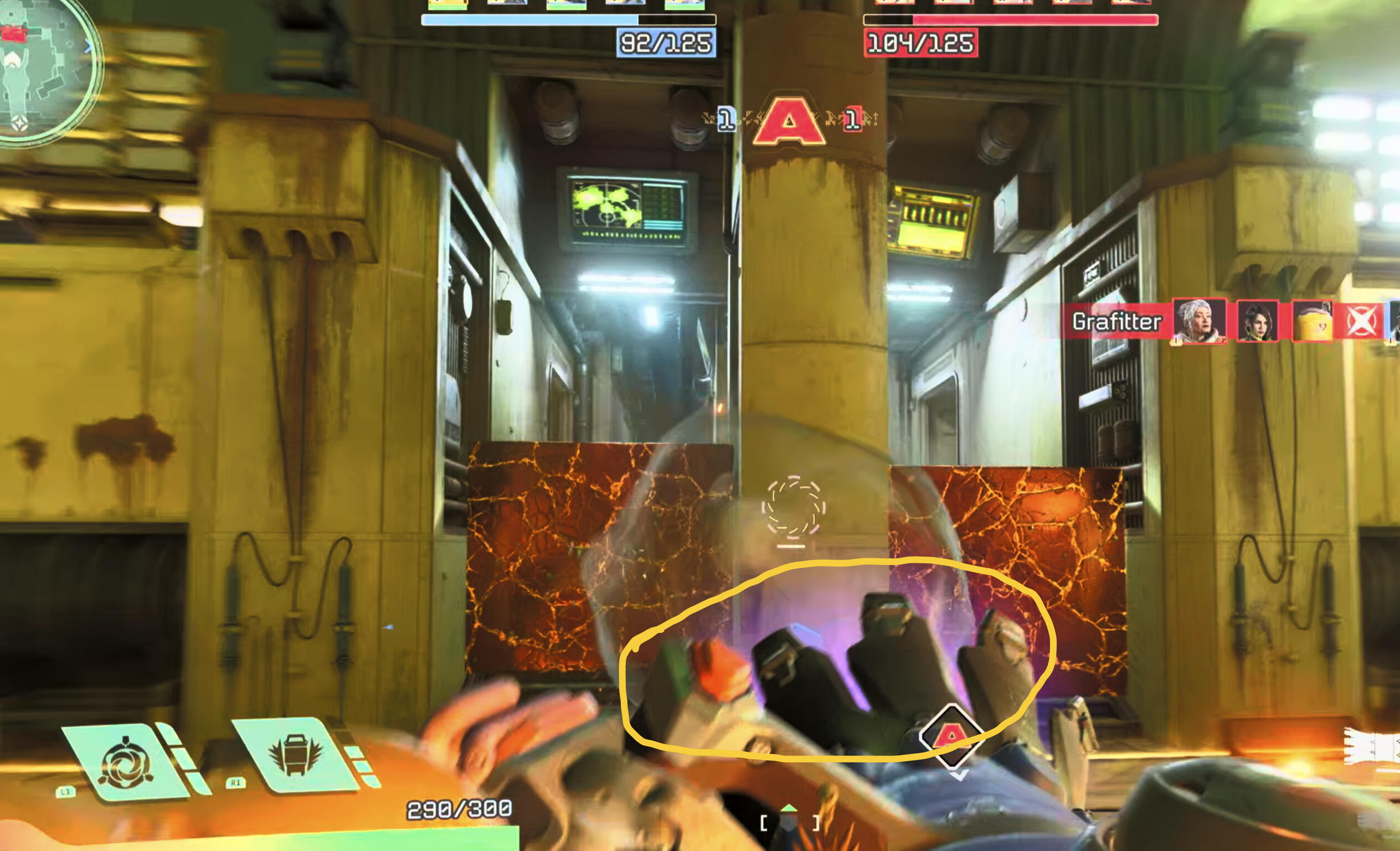 In the final version, the circled area is not entirely accurate -- if you were to go right up to this spot and shoot into it, the bullets would technically not hit the cone. However, that use case is extremely rare and difficult to see, so it was a trade-o