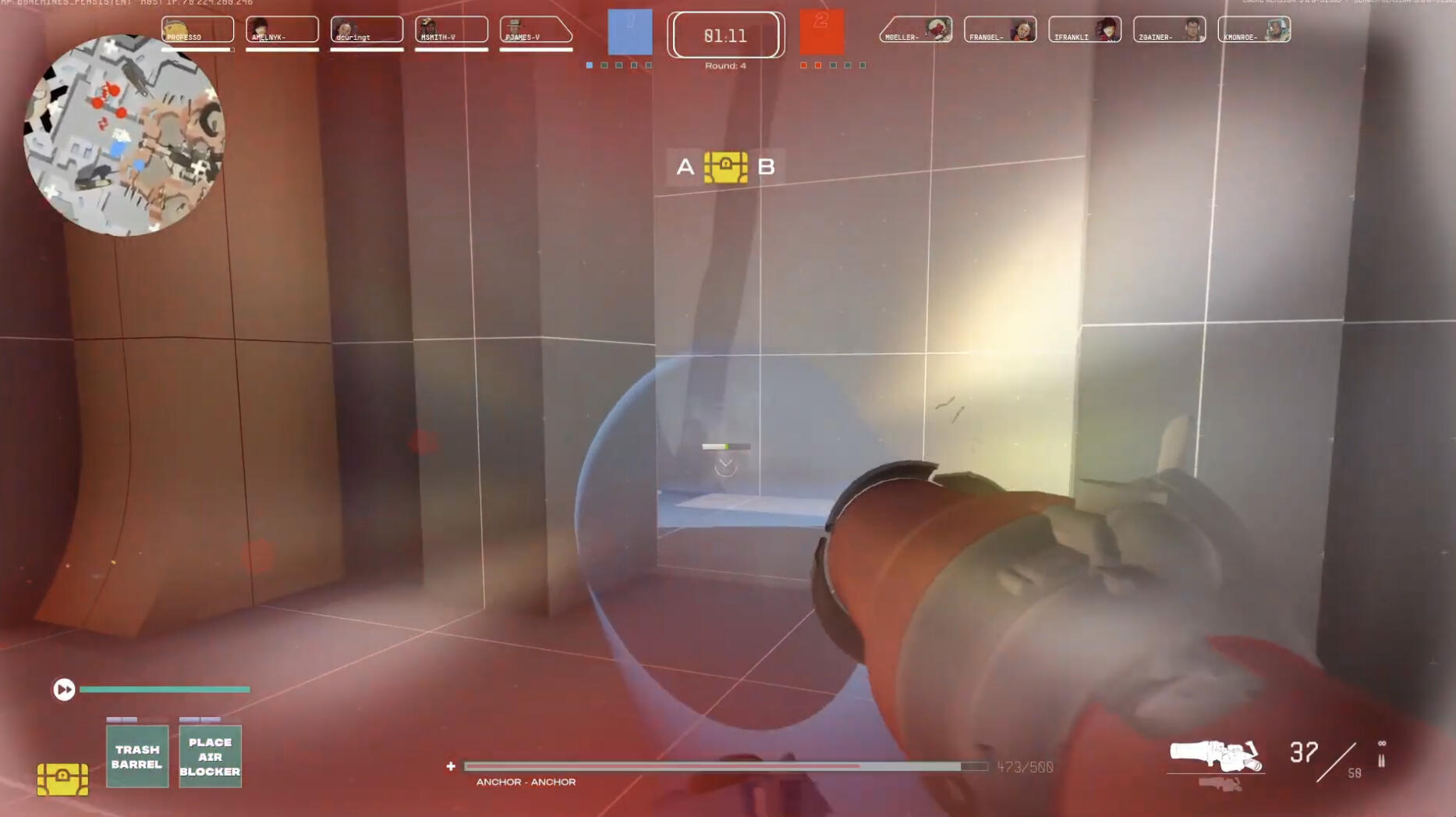 Screenshot from an early prototype. The origin of the cone is set to the position of the 3P gun. This looks correct to other players, but for the 1-0FF player, it looks like the cone is originating from much lower on the screen.