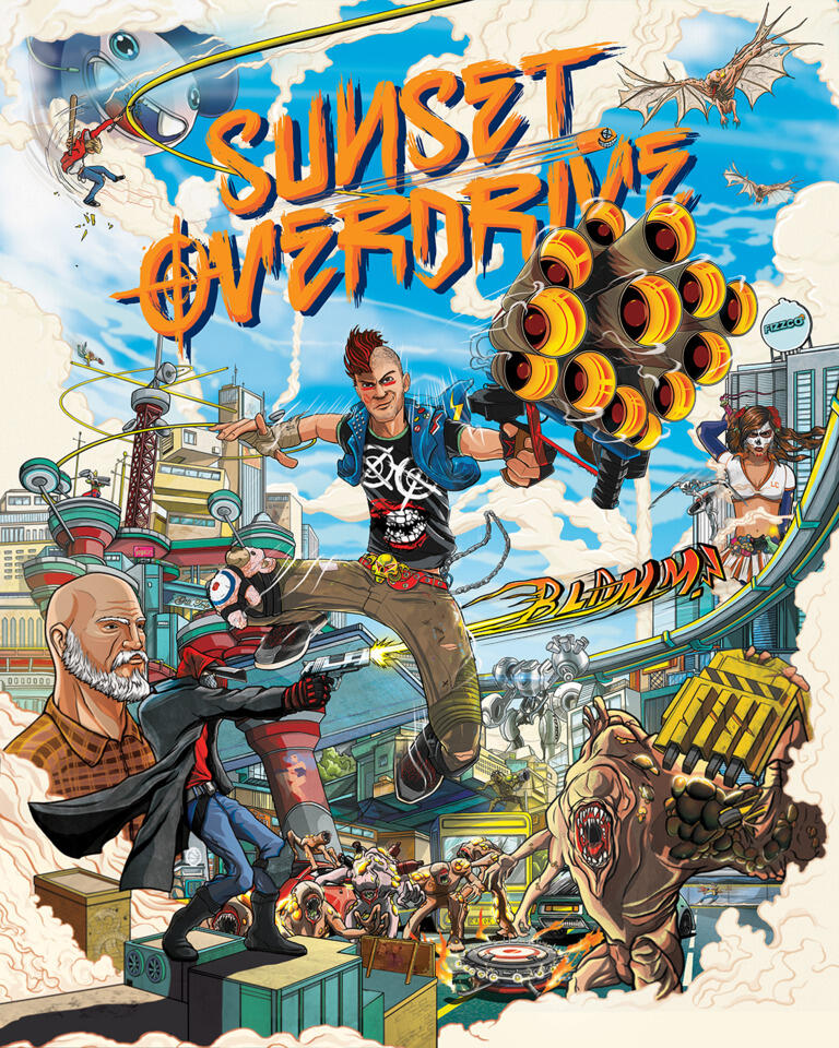Cover image for the game Sunset Overdrive, featuring a player character with an outrageous gun, surrounded by chaotic characters and enemies from the game.