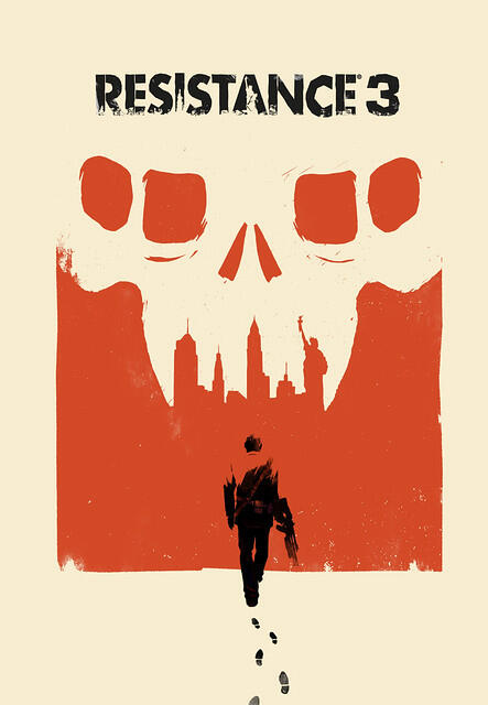 Cover image for the game Resistance 3. A chimera skull over an orange background, where the teeth create the NYC skyline. In the foreground, Joe Capelli walks away from the viewer.