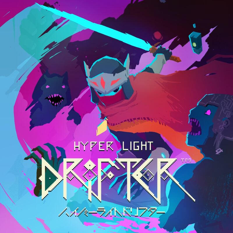 Cover image for the game Hyper Light Drifter, showing the drifter slashing his glowing sword through various encroaching enemies.